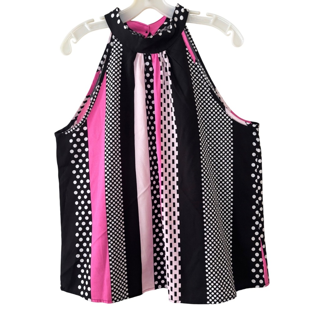 Womens XL Halter Neck Top Pink Black Polka Dot Striped Sleeveless Flowy Blouse